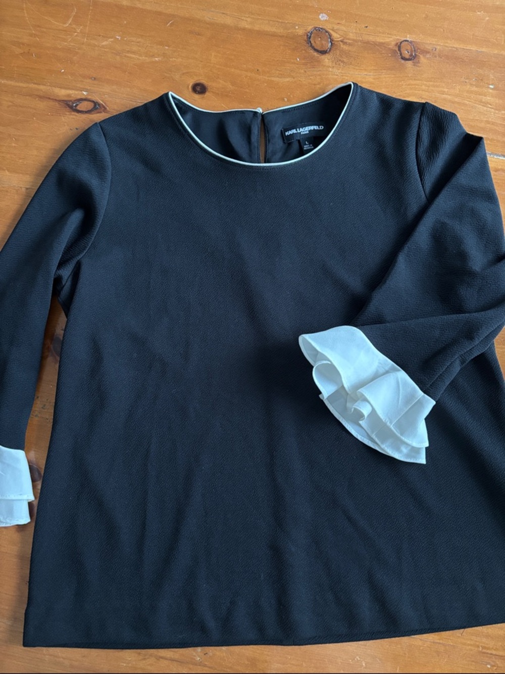 Karl Lagerfeld Black Blouse with White Ruffle Cuffs and Piping